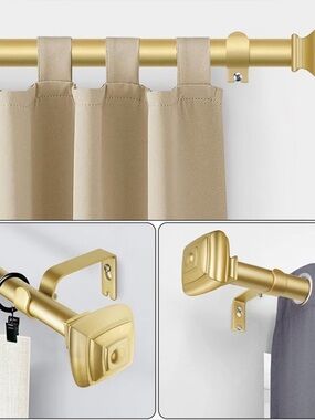 Gold Curtain Rod Set with Tan Tab-Top Panel